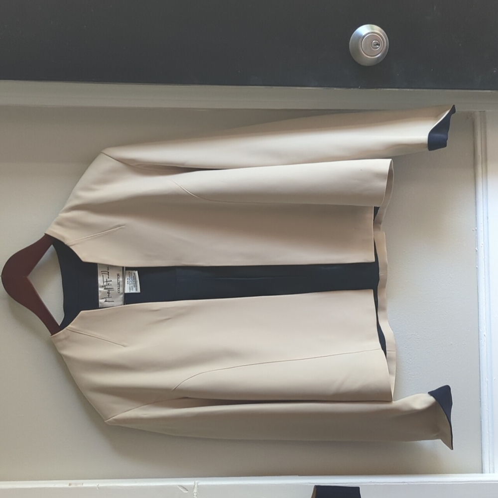 Mary McFadden Collection Dress 2 Piece Dress Suit Set 12 VTG Navy Neutral - Picture 6 of 11